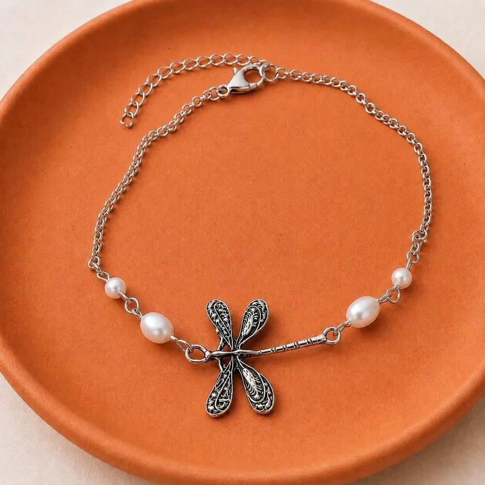 Dragonfly Faux Pearl Anklet in Silver Tone